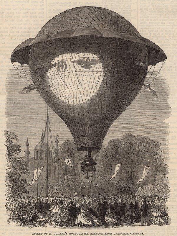 Ascesa del pallone Montgolfier di M Godard dai Giardini di Cremorne da English School