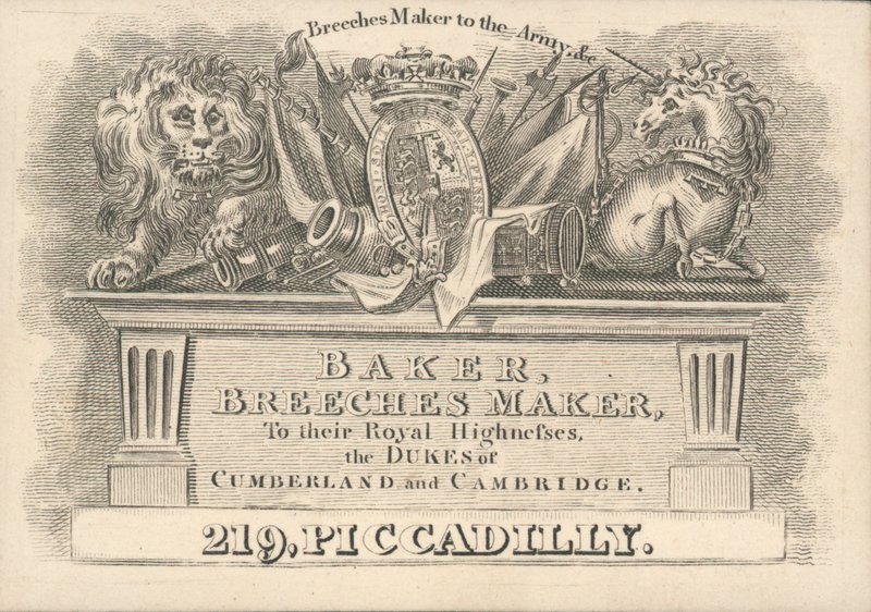 Baker, produttore di pantaloni, 219 Piccadilly, biglietto da visita da English School