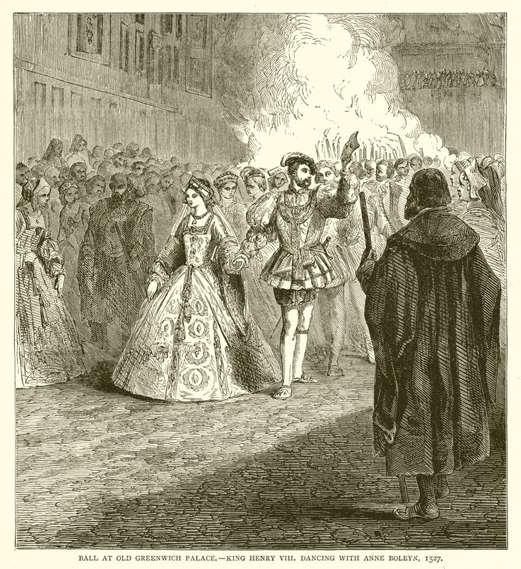 Ballo al vecchio palazzo di Greenwich -- Re Enrico VIII balla con Anna Bolena, 1527 da English School