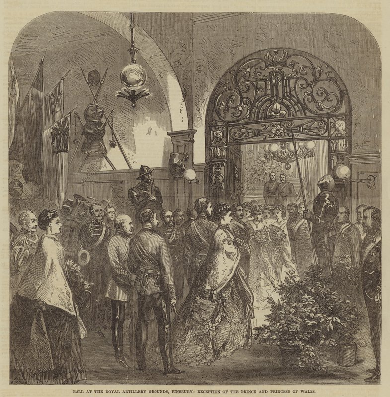 Ballo ai Terreni della Royal Artillery, Finsbury, Ricevimento del Principe e della Principessa del Galles (incisione) da English School