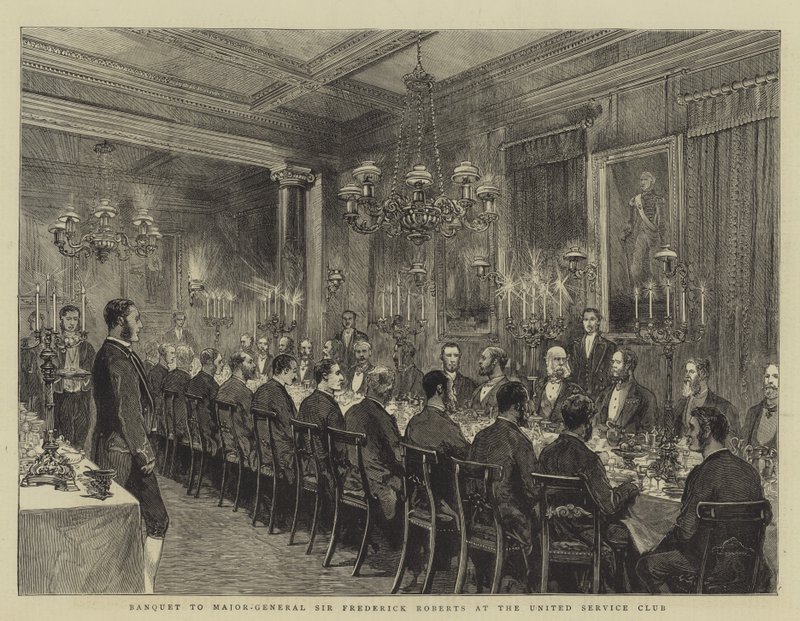 Banchetto per il Maggiore Generale Sir Frederick Roberts al United Service Club, illustrazione per The Graphic, 4 dicembre 1880 da English School