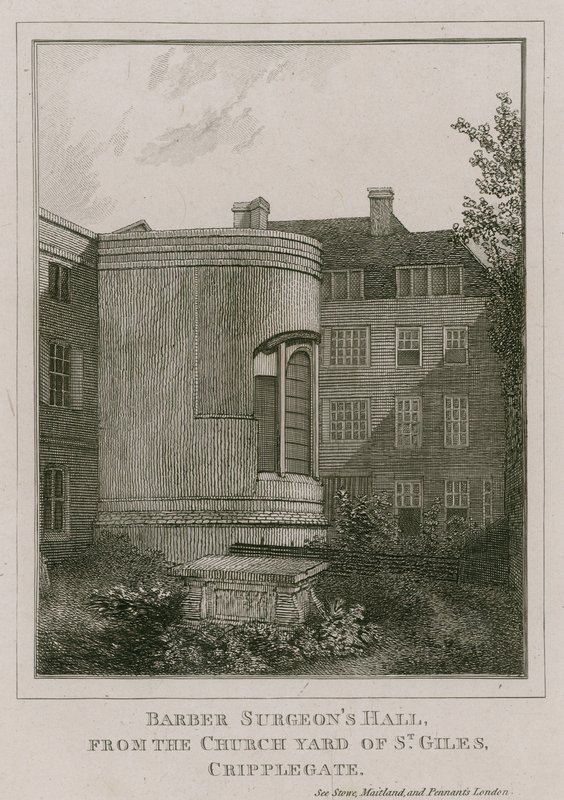 Barber Surgeons Hall, Monkwell Street, Londra, visto dal cimitero della chiesa di St Giles, Cripplegate da English School