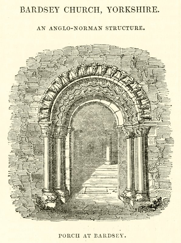 Chiesa di Bardsey, Yorkshire, una struttura anglo-normanna, portico a Bardsey da English School