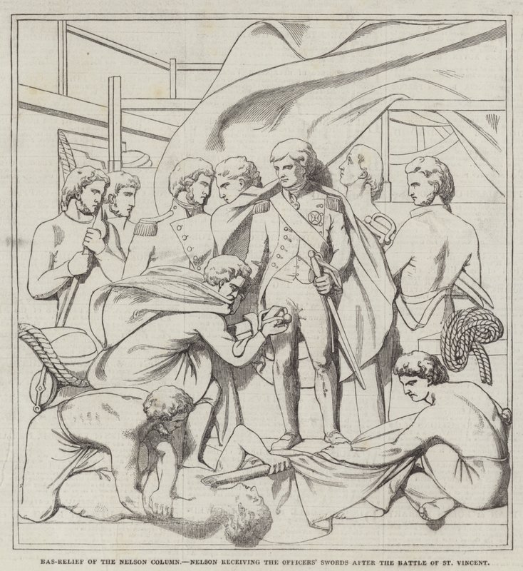 Bassorilievo della Colonna di Nelson, Nelson che riceve le spade degli ufficiali dopo la battaglia di St Vincent (incisione) da English School