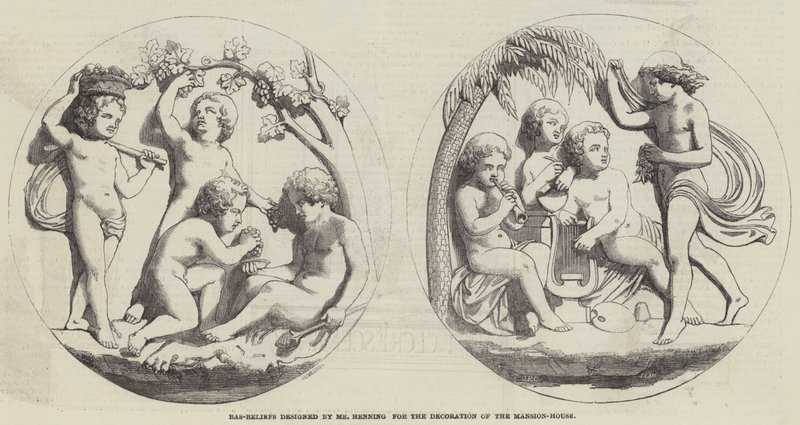Bassorilievi disegnati da Mr Henning per la decorazione della Mansion-House (incisione) da English School