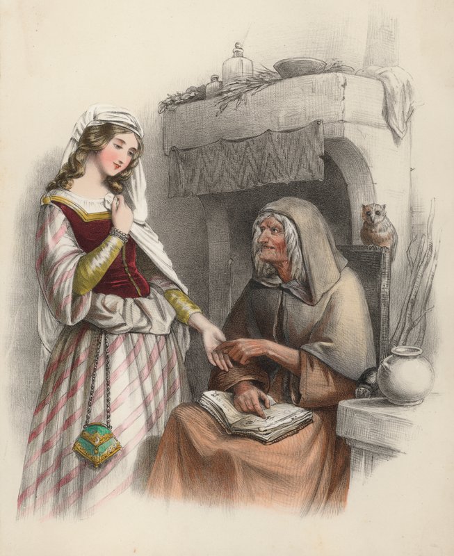 Bella giovane che visita una strega per consultarla sul futuro da English School