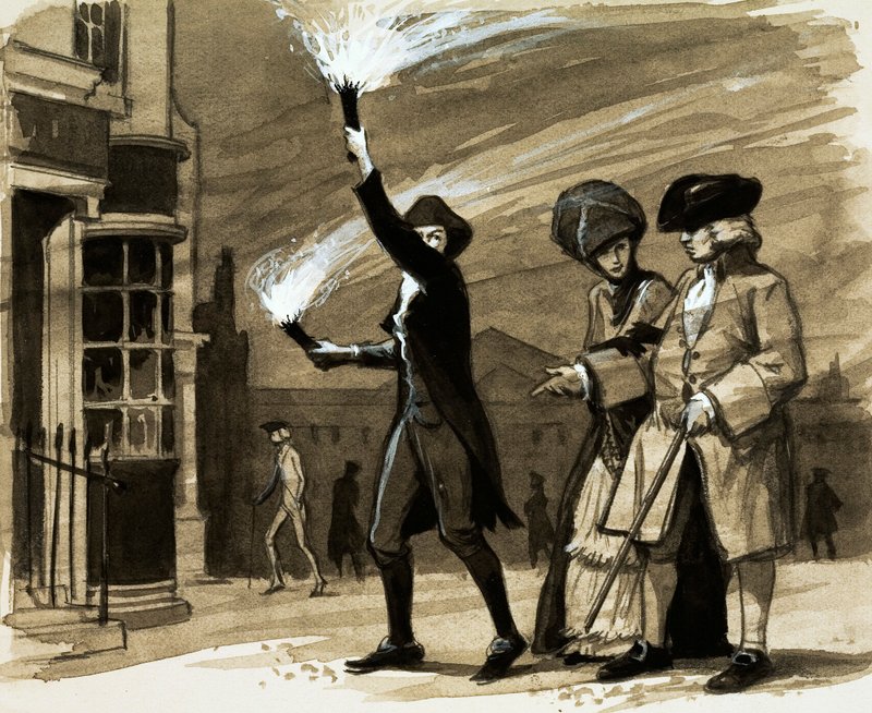 Prima delle luci stradali, i ricchi impiegavano persone per tenere torce per illuminare le loro passeggiate serali da English School