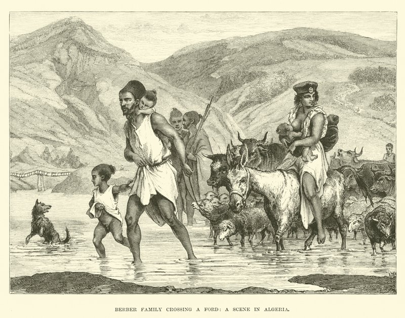 Famiglia berbera che attraversa un guado, scena in Algeria da English School