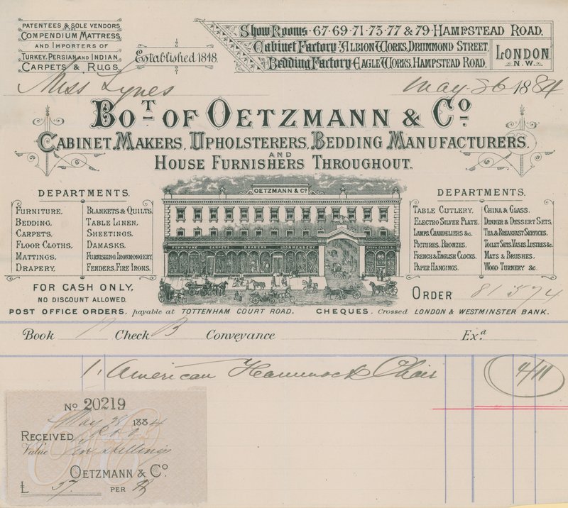 Fattura da Oetzmann & Co, fabbricanti di mobili, tappezzieri, produttori di letti e arredatori di case da English School