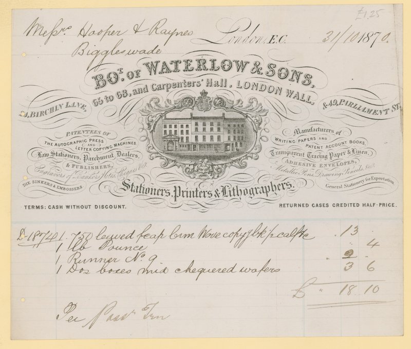 Fattura da Waterlow and Sons, 66-68 Carpenters Hall, London Wall, cartolai da English School