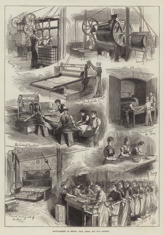 Produzione di biscotti presso la fabbrica di Messers Peak, Frean e Company (incisione) da English School
