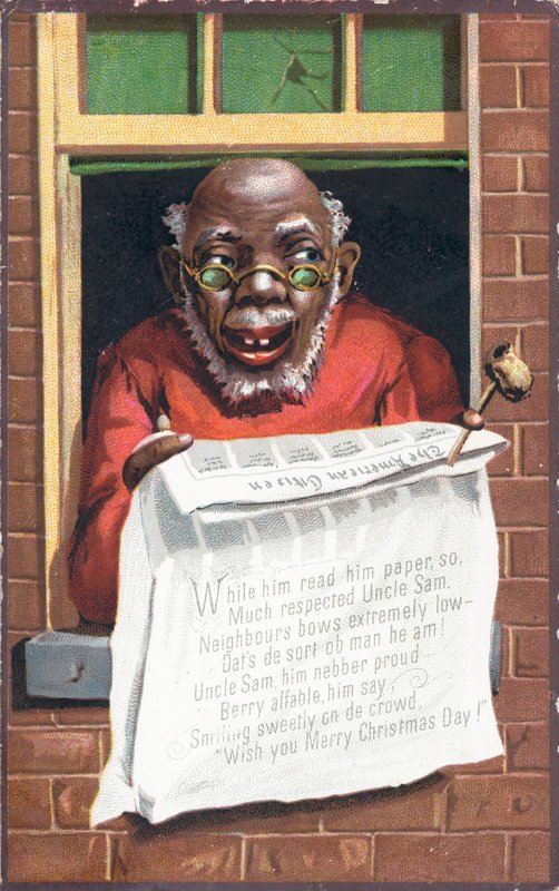 Uomo di colore che legge il giornale, cartolina di Natale da English School