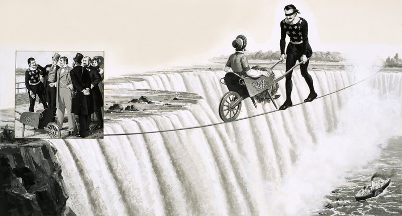 Blondin (Francois Gravelet) attraversa una fune con una carriola sopra le Cascate del Niagara da English School