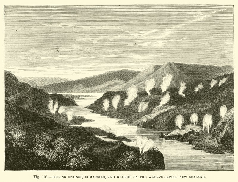 Sorgenti bollenti, fumarole e geyser sul fiume Waikato, Nuova Zelanda da English School