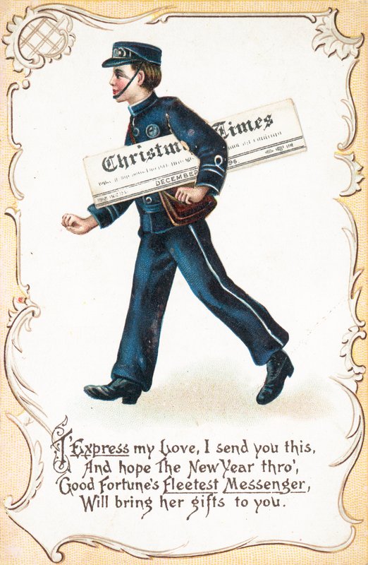 Ragazzo che consegna il giornale Christmas Times, cartolina di Natale da English School