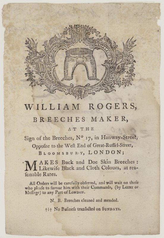 Fabbricanti di pantaloni, William Rogers, biglietto da visita da English School