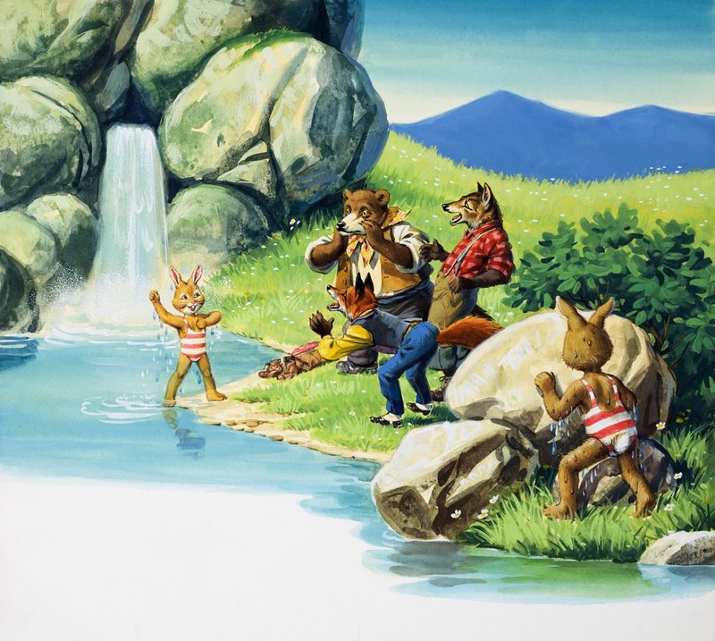 Brer Rabbit che nuota (gouache su carta) da English School
