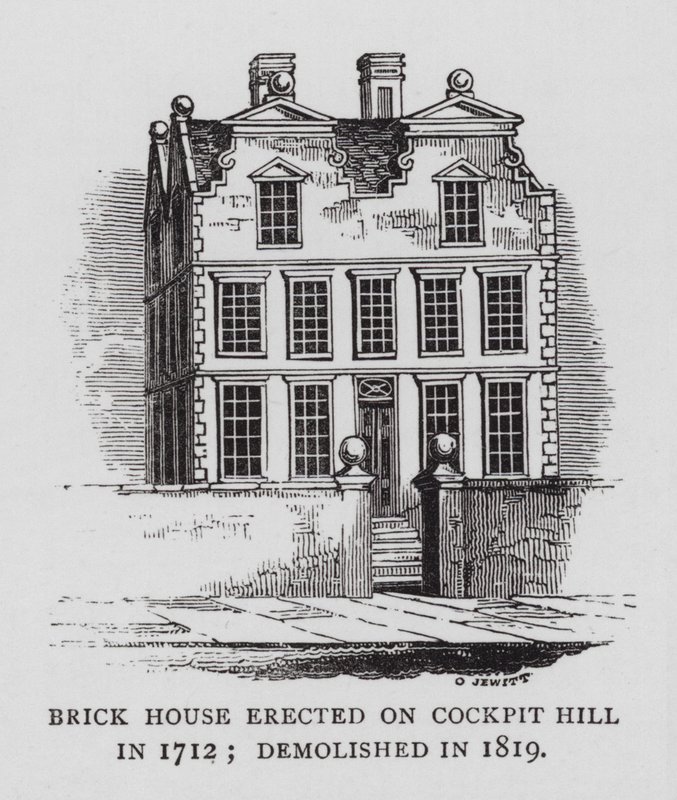 Casa di mattoni eretta su Cockpit Hill nel 1712; demolita nel 1819 da English School