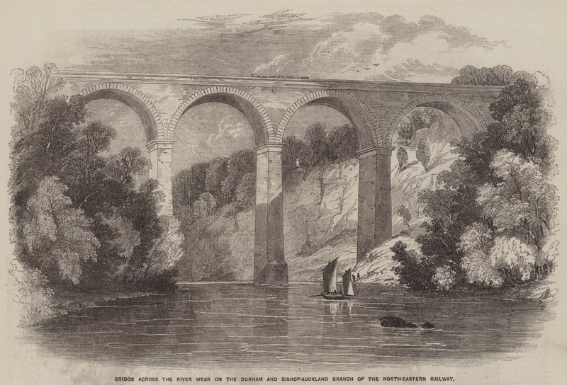 Ponte sul fiume Wear sulla linea Durham e Bishop-Auckland della North-Eastern Railway (incisione) da English School