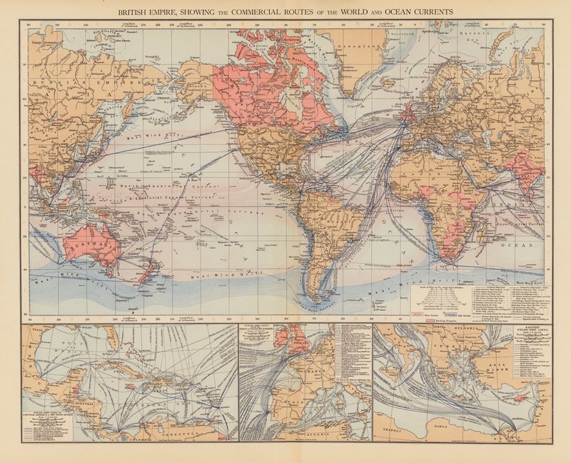 Impero Britannico, Mostrando le Rotte Commerciali del Mondo e le Correnti Oceaniche da English School