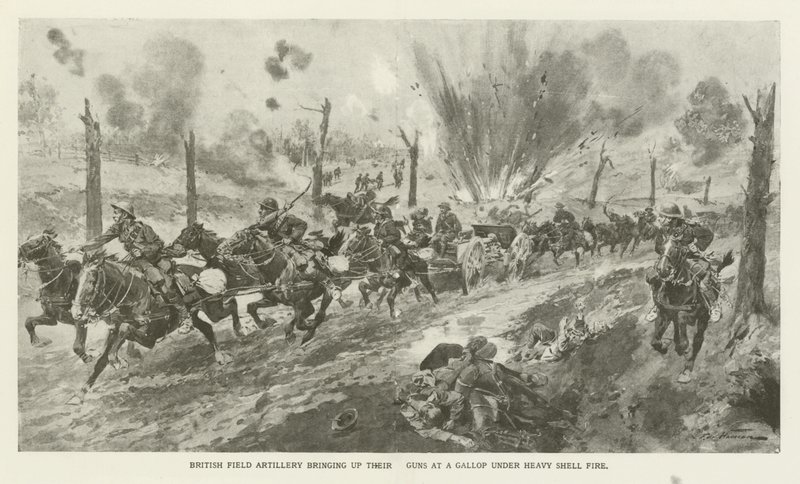 Artiglieria da campo britannica porta i loro cannoni al galoppo sotto pesante fuoco di artiglieria, Prima Guerra Mondiale da English School