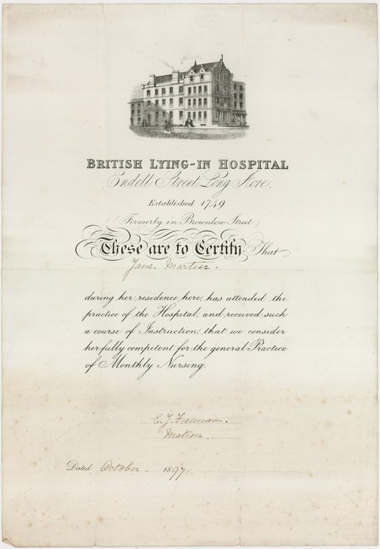 Ospedale Britannico per Partorienti. Certificato di infermieristica da English School