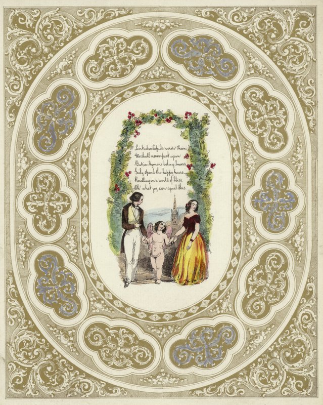 Cartolina di San Valentino britannica con immagine di una coppia con un cherubino da English School