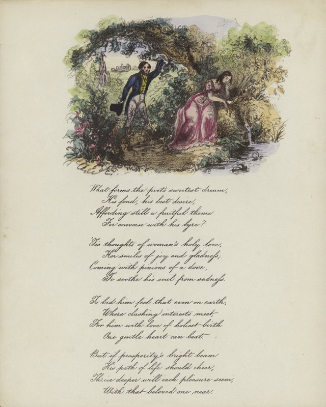 Cartolina di San Valentino britannica con immagine di un uomo e una donna su una riva del fiume da English School