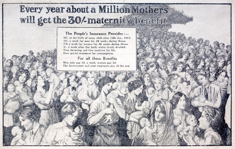 Cartolina britannica che promuove il beneficio di maternità pagato dall