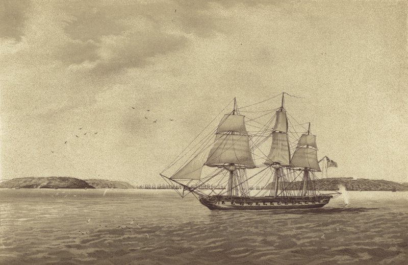 Fregata britannica HMS Fisgard, comandata dal capitano Thomas Byam Martin, in ricognizione al largo di Brest, Francia (litografia) da English School