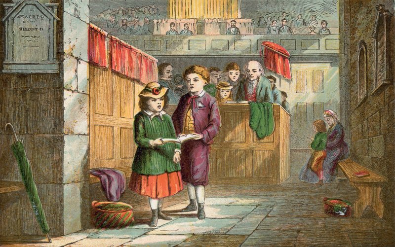 Fratello e sorella che cantano inni in chiesa da English School