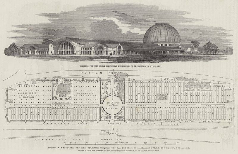 Edificio per la Grande Esposizione Industriale, da erigere a Hyde-Park (incisione) da English School