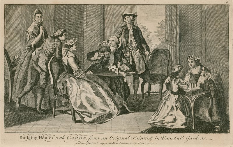 Costruire case con le carte, da un dipinto originale nei Vauxhall Gardens, Londra da English School