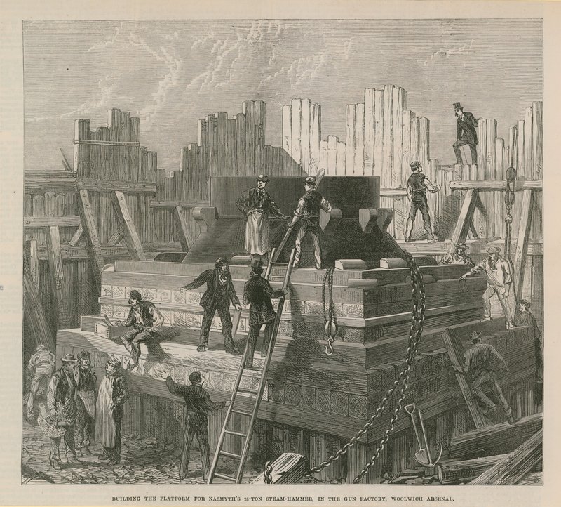 Costruzione della piattaforma per il martello a vapore da 25 tonnellate di Nasmyth da English School
