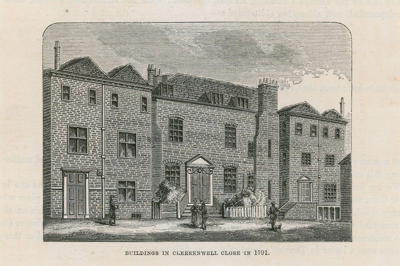 Edifici in Clerkenwell Close nel 1791 da English School