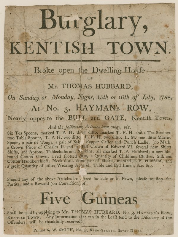 Furto con scasso a Kentish Town nel 1798. Ricompensa di £5 da English School