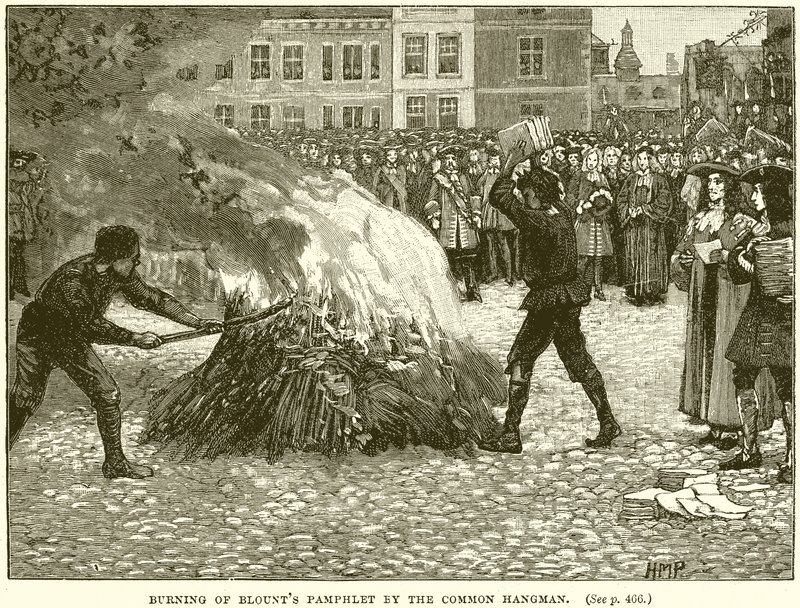 Bruciatura del pamphlet di Blount dal boia comune da English School