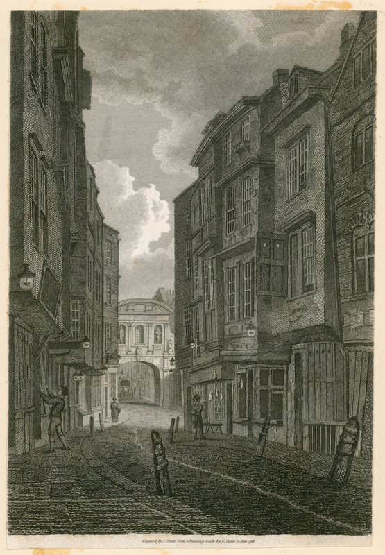 Butcher Row, vista da Temple Bar, basato su un disegno di Edward Dayes, 9 giugno 1796 da English School