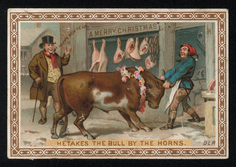Macellaio che tira un toro nel suo negozio, cartolina di auguri di Natale da English School