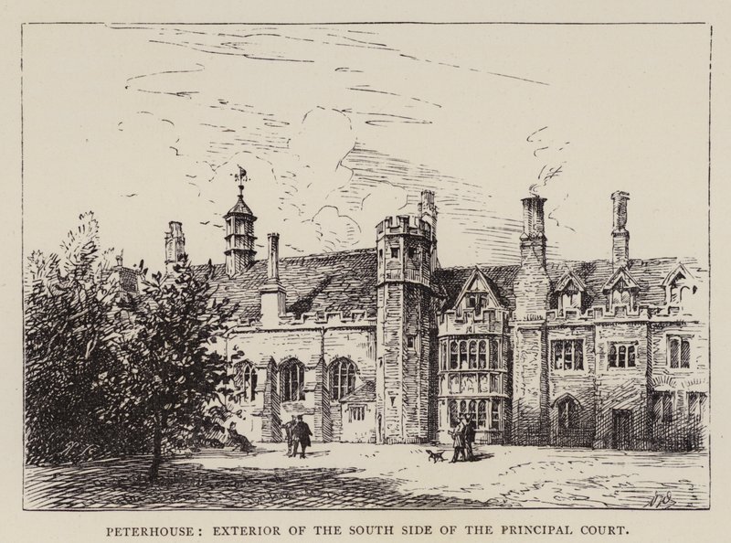 Cambridge: Peterhouse, esterno del lato sud del cortile principale (acquaforte) da English School