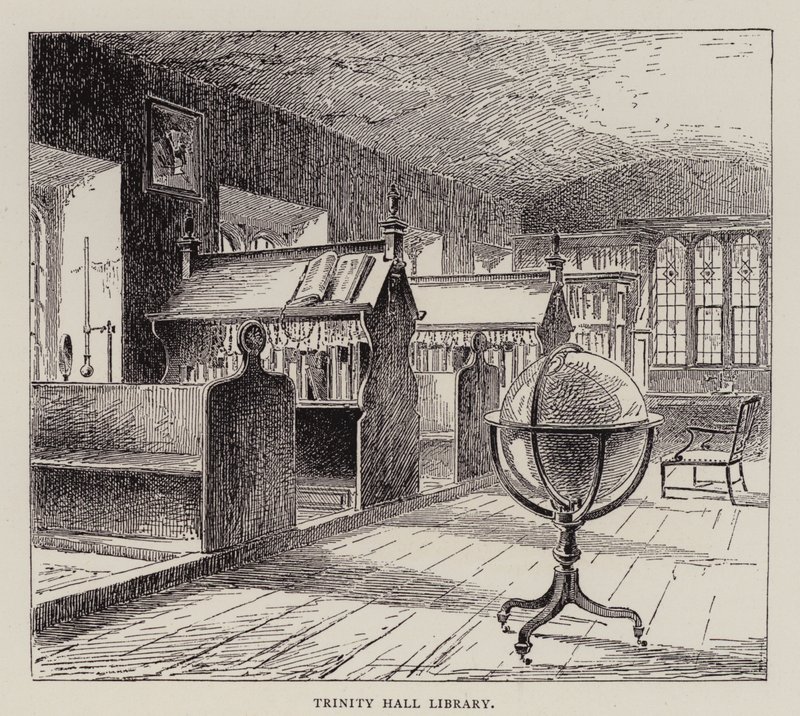Cambridge: biblioteca del Trinity Hall (acquaforte) da English School