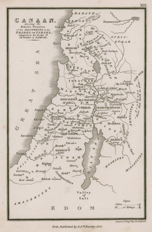 Canaan, mostrando la situazione relativa delle assegnazioni alle tribù di Israele, adattato ai Libri dei Giudici e di Samuele da English School