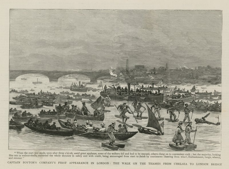 La prima apparizione della compagnia di Captain Boyton a Londra da English School
