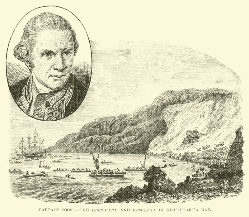 Capitano Cook, la Discovery e la Resolute nella baia di Kealakakua da English School