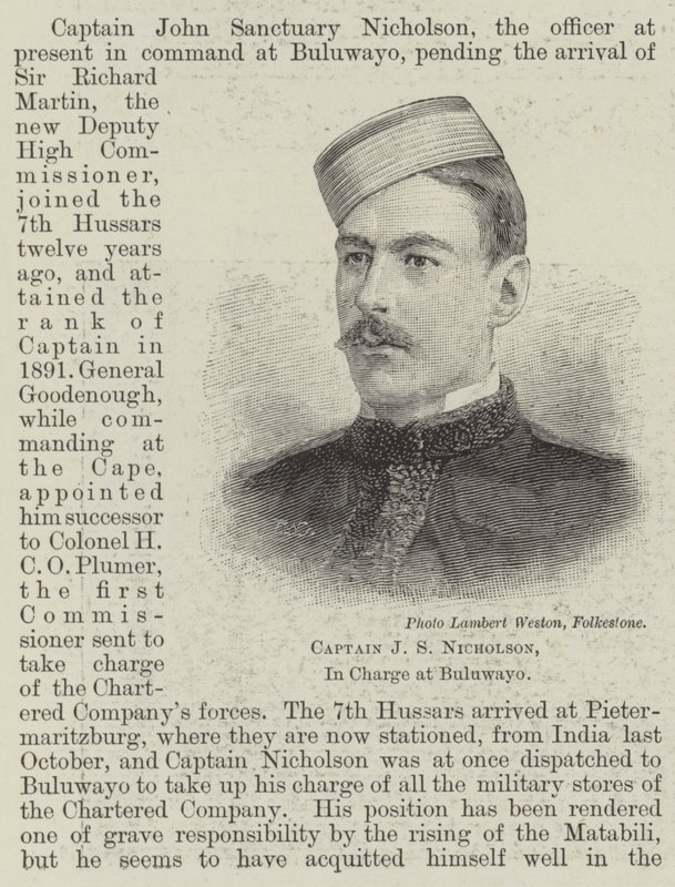 Capitano J S Nicholson, responsabile a Buluwayo (incisione) da English School