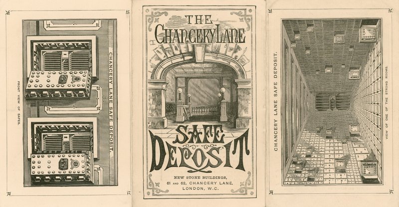 Carta pubblicitaria del Chancery Lane Safe Deposit, 61-62 Chancery Lane, Londra da English School