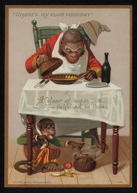 Cartone animato di scimmie e un budino di prugne, cartolina di auguri di Capodanno da English School