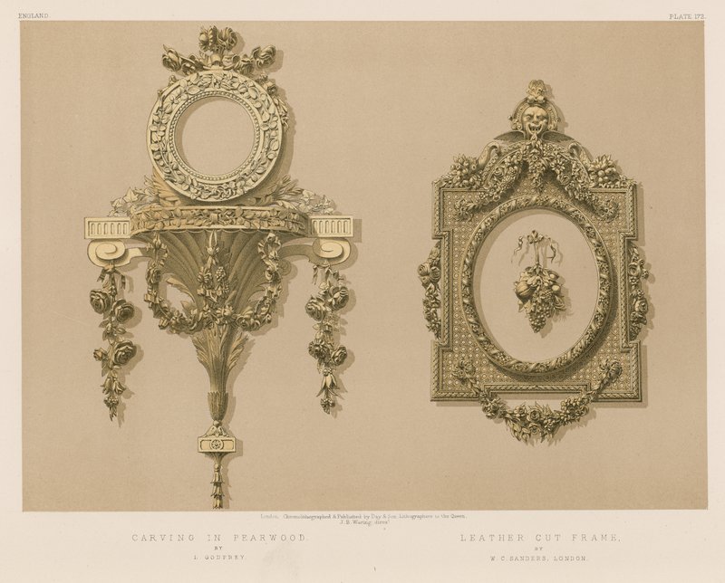 Intaglio in legno di pero; Cornice in pelle intagliata da English School