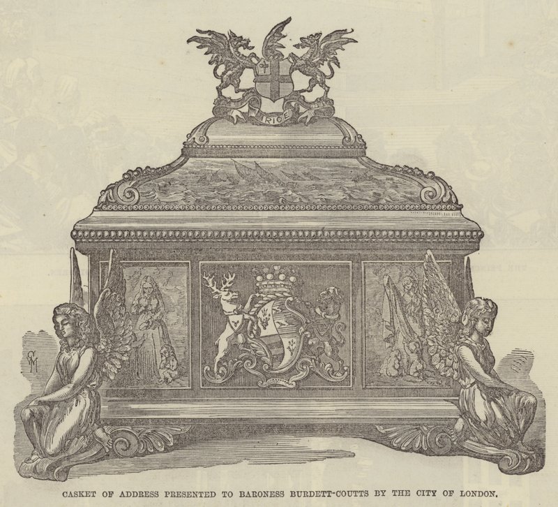 Scrigno di Indirizzo presentato alla Baronessa Burdett-Coutts dalla Città di Londra (incisione) da English School