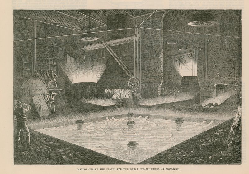 Fusione di una delle piastre per il grande martello a vapore a Woolwich da English School
